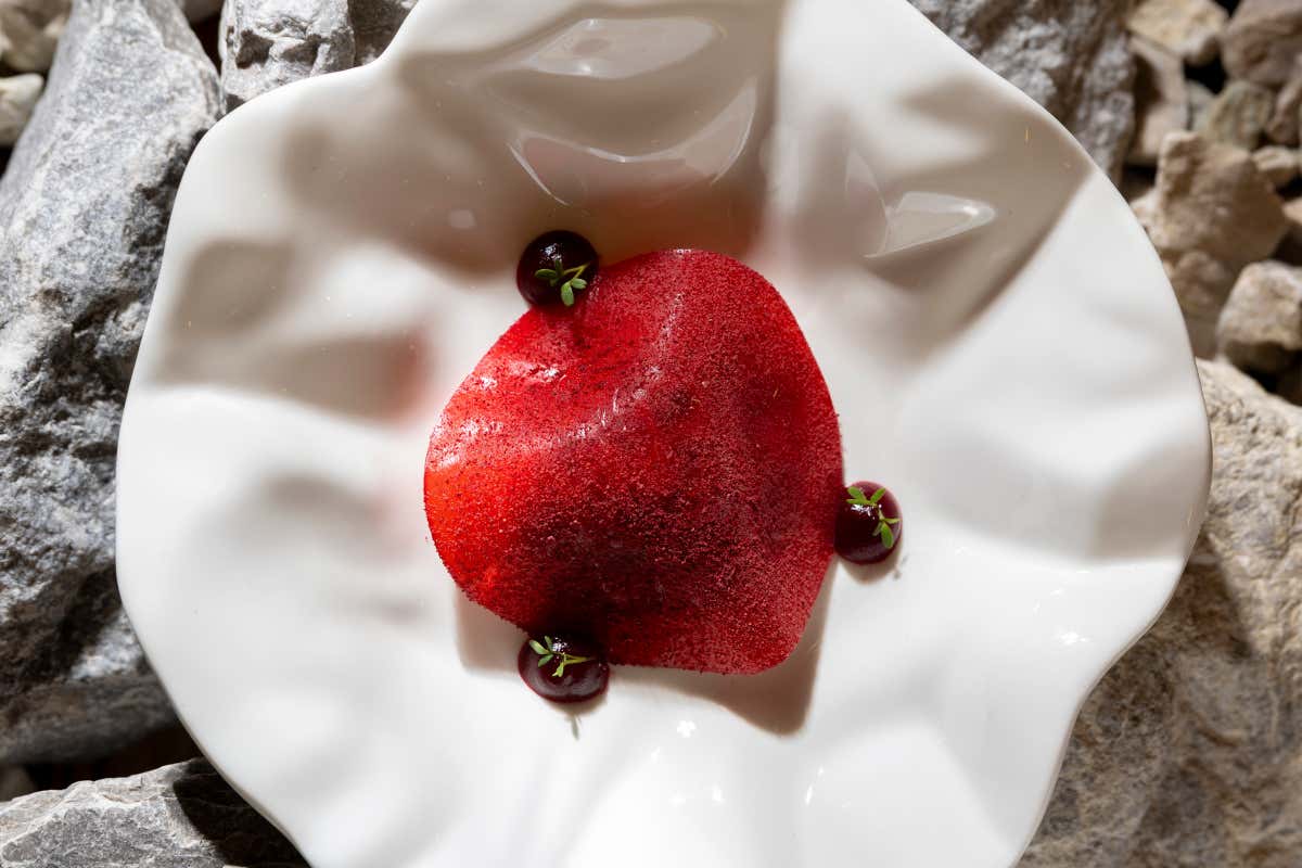 Formaggio di capra, mela, barbabietola e lamponi’, con il caprino della valle di Braies